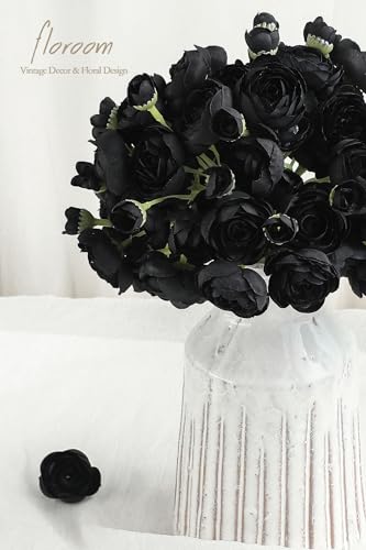 Floroom Ranunculus Artificial Flowers 18 Pcs Black Faux Silk Mini Ranunculus Bulk Fake Wedding Filler Flowers for DIY Bouquets, Centerpieces, Bridal Shower Decorations & Arrangements - color: Black