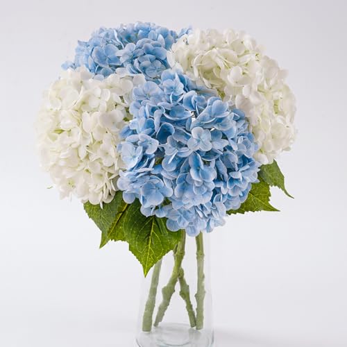 4 Pcs Hydrangea Artificial Flowers, 21'' Real Touch Latex Faux Hydrangeas,Fake Flowers Bouquets for Floral Arrangements Outdoor Wedding Kitchen Table Centerpiece Home Decoration（2White & 2Light Blue） - color: 2 Blue & 2 White, size: 4pcs