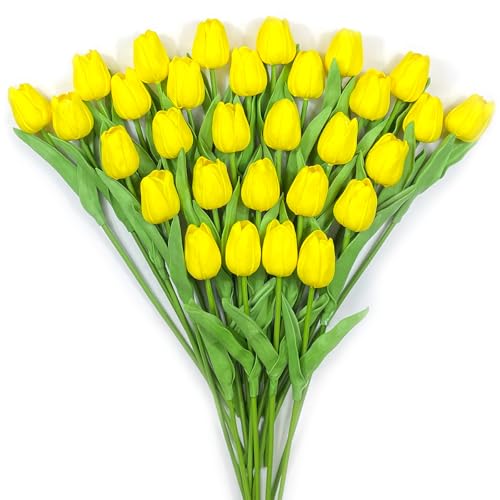 30 PCS Artificial Tulips Real Touch Tulips 13.5inch Long Stem Fake Flowers Silk Flowers for Spring Easter Mother's Day Decorations（Yellow） - color: Yellow