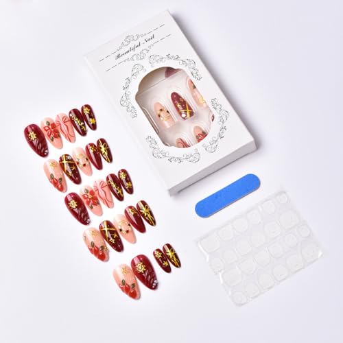 3D Handmade Press on Nails Christmas Fake Nails with Flower Star Designs Winter Xmas Acrylic Nails Red Gold Artificial Nails Gel Glue on Nails Holiday Charm Stick on Fingernails for Women Girls 24Pcs