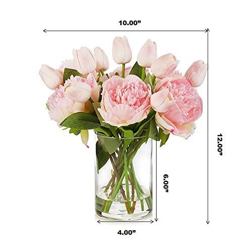 ENOVA FLORAL Artificial Flower Arrangement with Vase, Faux Flower in Vase, Mixed Artificial Real Touch Tulip and Fake Silk Peony Flower in Vase for Decoration Home Office Centerpiece (Pink) - color: T& Peony Pink