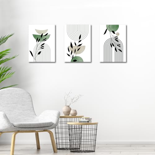 WENGTIAO 3Pcs Boho Sage Green Canvas Wall Art MInimalist Geometric Line Leaf Pictures Prints Paintings Abstract Mid Century Botanical Green Plant Artwork for Living Room Bedroom Bathroom 12x16x3 - color: Boho-sage green, size: 12"x16"x3Pcs