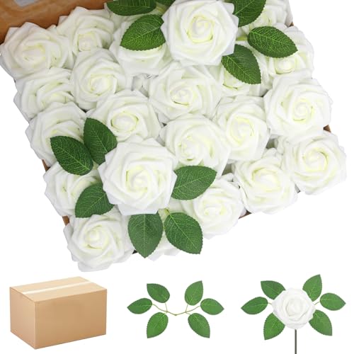 200PCS Ivory Realistic Roses - Artificial Latex Foam Flowers with Bendable Stems & 100PCS Leaves for Wedding, Home and Party DIY Decor - color: Ivory, size: 200