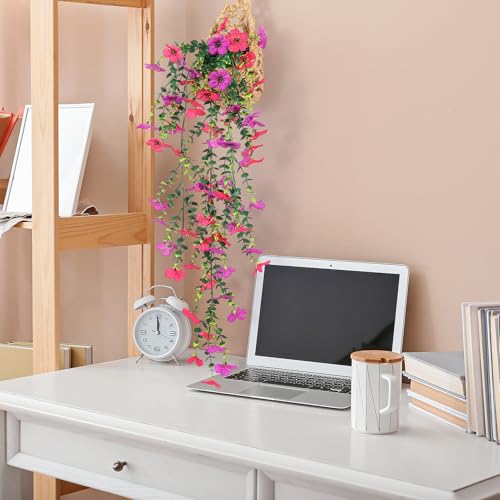 Fake Plants Hanging Artificial Potted Faux Eucalyptus Plants and Flowers for Modern Boho Farmhouse Bathroom Office Desk Wall Book Shelf Living Room Aesthetic Decor Indoor (Purple & Rose Red) - color: Purple & Rose Red