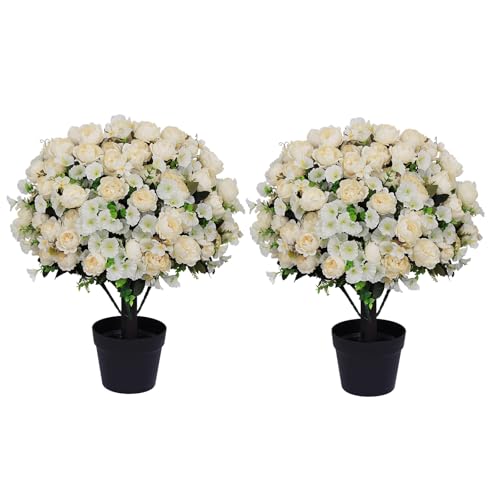 24" Artificial Potted Flowers Faux Beige White Peonies for Outdoor | Set of 2 UV Resistant Silk Fake Outdoor Plants & Flowers in Cement Pots for Outside Front Porch Home Indoor Decor - color: White, size: 24" Luxury Peony