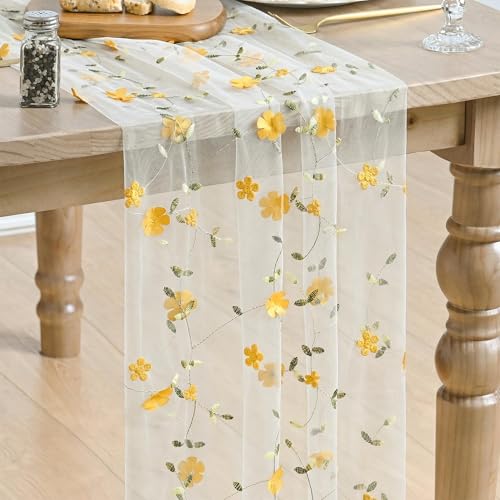 Artoid Mode Yellow 3D Flower Gauze Embroidery Table Runner 120 Inch 10FT, Tulle Seasonal Spring Kitchen Dining Holiday Table Decor for Home Party - color: White-yellow