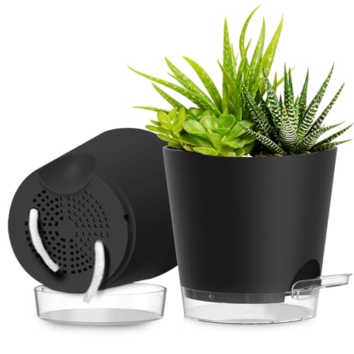 Plant Pots 8 Inch Self Watering Pots, 2 Pack Plastic Planters with Drainage Holes and Clear Saucers,Plastic Flower Pots for Indoor Out Door Plants (Black) - color: Black, size: 8 inch