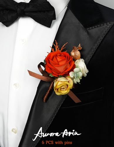 AuroraAria Burnt Orange Boutonniere for Men,Set of 6,Groom Boutonniere for Wedding,Anniversary,Homecoming,Formal Dinner Party,Wedding Decor,Artificial Silk Rose - color: Burnt Orange