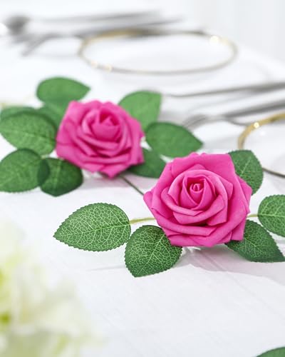 DuHouse 50Pcs Artificial Roses Flowers Fake Roses with Stems Real Touch Foam Flowers for DIY Wedding Bouquet Party Centerpiece Floral Arrangement Party Home Decor(Hot Pink) - color: Hot Pink, size: 50pcs