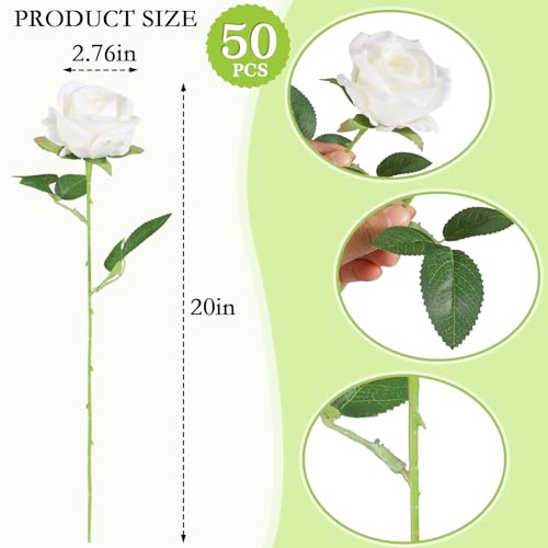 Hananona 50 Pcs Artificial Roses in Bulk, Fake Velvet Silk Roses Realistic Rose for Wedding Centerpieces Flower Arrangement Home Decor (50, White) - color: White