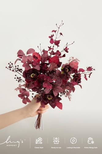 Ling's moment Artificial Greenery Stems Box Set, 35pcs with 7 Kinds of Faux Flowers Picks for DIY Bridal Bouquets Wedding Floral Arrangement Table Centerpieces, Moody Burgundy - color: Red-moody Burgundy