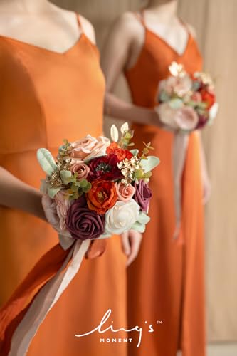 Ling's moment Artificial Flowers Burnt Orange Bridesmaid Bouquet Set of 4, Terracotta Wedding Flowers Bouquets for Bridesmaids, 7 Inch Bridal Bouquets for Bridesmaids, Wedding, etc - color: Or-burnt Orange