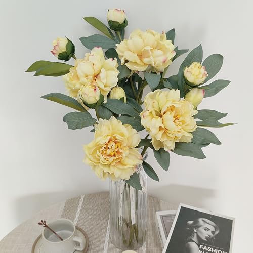 Yellow Peonies Artificial Flowers,4 Pcs Fake Silk Peonies with Stems Real Look,Peony Bush for Home Decor (4, Yellow) - color: Yellow