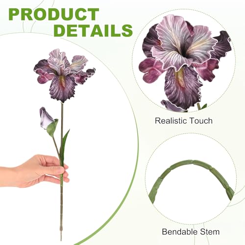 M METERXITY 1-Pack White Brown Artificial Iris Flowers with Flower Bud,17.7 Inch Faux Iris PU Bouquets Real Touch Faux Flowers for Home/Wedding/Christmas/Party - color: White Brown