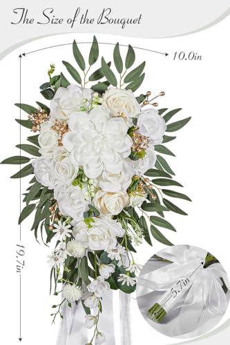 Serwalin 10 Inch Wedding Bouquets for Bride,Ivory Bridal Bouquet of Fake Flowers, Bridesmaid Bouquets for Wedding Ceremony Bridal Shower and Anniversary Day Decor - color: White and Gold