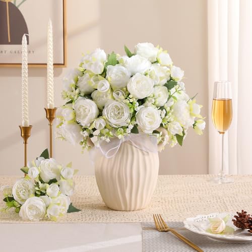 Luyue 8 Packs Peonies Artificial Flowers Vintage Faux Peony Bouquet Fake Flower for Vase Silk Floral Arrangements for Table Centerpiece Wedding Decoration Indoor Home Decor - color: White-8pcs