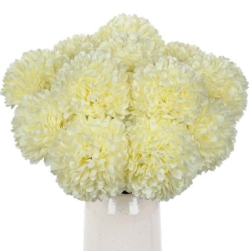 Briful 12 Pcs Artificial Cream White Chrysanthemum Stems – 11” Tall Silk Mums Flower Heads with Green Leaves, Flexible Stems for Fall Floral Pick Arrangements, Home, Wedding & Seasonal Decorations - color: 3.5'' Dia. 12pcs Cream White