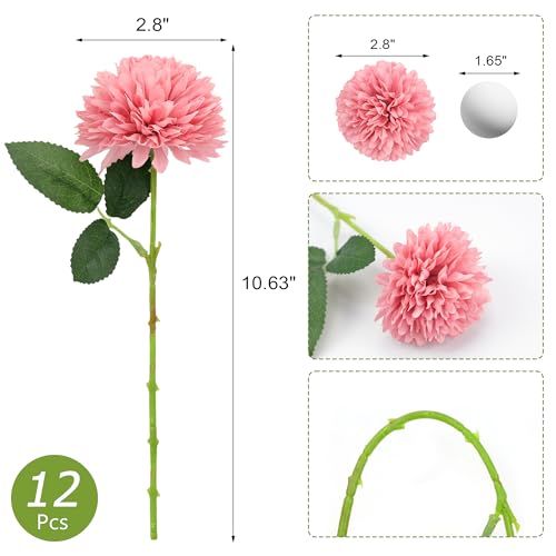 SITUMEIZI 12 Pcs Pink Artificial Chrysanthemums Flowers Ball Flower Fake Mums Silk for Wedding Home Kitchen Decoration Floral Arrangement - color: Pink, size: 12 Pieces