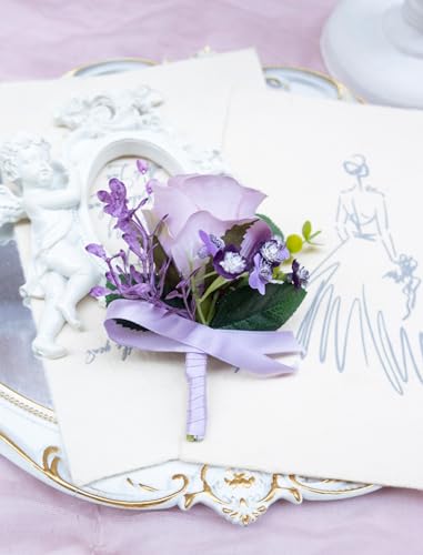 Marriwise 6pcs Light Purple Boutonniere for Men, Artificial Silk Rose Flowers Wedding Groom Groomsmen Boutonniere for Wedding/Anniversary/Prom/Rustic Wedding/Homecoming (Light Purple) - color: Light Purple