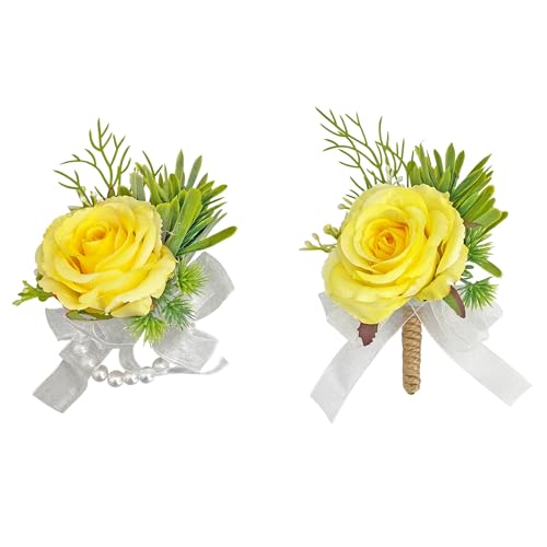 Corsage and Boutonniere Set, Handmade Artificial Peony Rose Wrist Corsage Wristlet and Groom Boutonniere for Men Wedding Prom Suit Decorations (Yellow & Green) - color: Yellow & Green