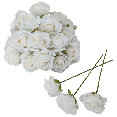 Artificial Satin Rose Flower Heads,42 Pcs Silk Rose Heads with Stems,3.5'' Rose Artificial Flowers Bulk,Artificial Rose Flower Heads for DIY Crafts Bouquet (42, White) - color: White