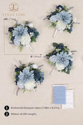 TINGE TIME 7inch Wedding Bouquets for Bridesmaid, Artificial Flowers Cascading Bridal Bouquet for Wedding (DarkBlue, Set of 4) - color: Darkblue