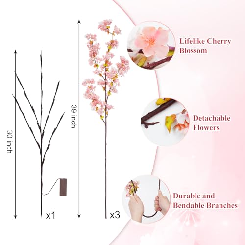 Sunm Boutique 3 PCS Silk Cherry Blossom Branches - Lighted Brown Twig Branches, Artificial White Flower Stems, 39'' Faux Tree for Wedding Home Decor - color: Pink Cherry Blossom With Tree Led Light, size: Pack of 3