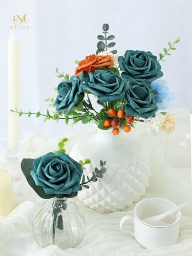 Artificial Flowers 25 Pack Peacock Green Faux Foam Roses with Stems, Real Looking Fake Rose for DIY Wedding Bouquets, Bridal Shower Centerpieces, Party Table Decorations, Home Decor - color: Peacock Green, size: 25Pcs