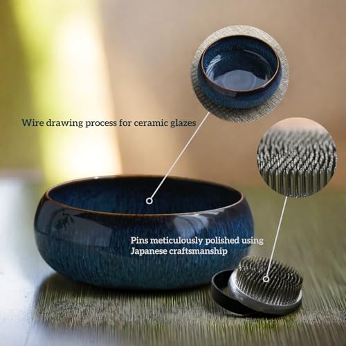 Water Lotus Bowl Planter Kit - Japanese Compote Bowl Ikebana Vase Set w/ 1.8" Floral Frog- Ideal for Ikebana, Flower Arrangement & Hydroponic Planting (Blue) - color: Blue