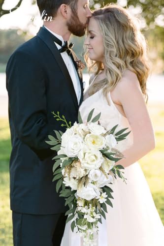 Serwalin 11 Inch Wedding Bouquets for Bride Bridesmaid, Natural Whites Rose Bridal Bouquets for Bride, Wedding Flowers Bouquet Tossing Bouquet, Wedding Ceremony and Anniversary Decor - color: A Natural White