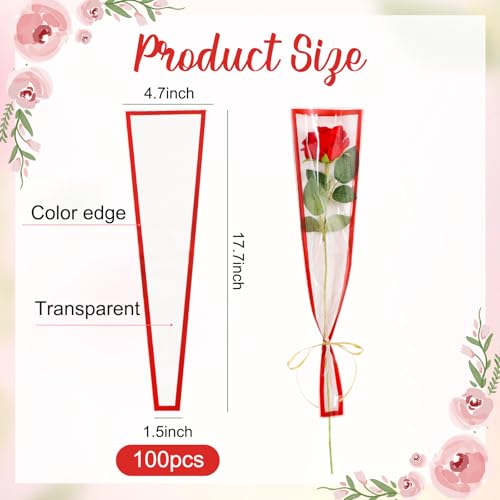 BEISHIDA 100 PCS Single Rose Sleeve Single Flower Wrapping Bags Single Rose Packaging Cellophane Flower Sleeves for Florist Bouquet Supplies, Mother's Day, Valentine's Day,Wedding Gift(Black Edge) - color: single-red