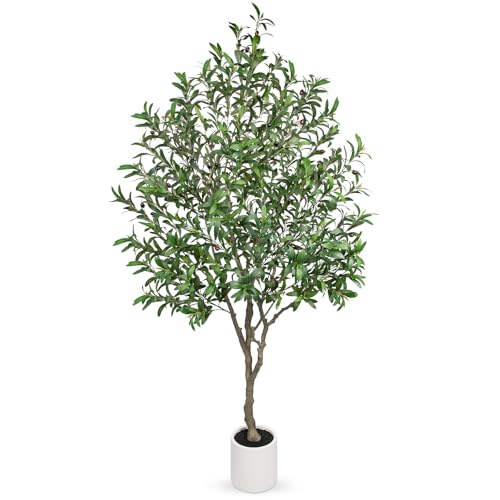 Hollyone Faux Olive Tree 7Feet Tall Fake Olive Tree 7FT with Pot Indoor Lifelike Wood Trunk and Fruits Large Potted Artificial Tree Plant with Tall Ceramics Pot Planter Housewarming Home Decor Gift - color: Green - 6.7 Ft