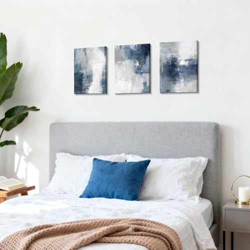 WENGTIAO 3 Pcs Navy Blue Abstract Canvas Wall Art Prints Modern Minimalist Blue Gray Artwork for Walls Framed White Neutral Poster Paintings Decor for Living Room Bedroom Bathroom Office 12x16x3Pcs - color: Abstract-blue, size: 12"x16"x3Pcs