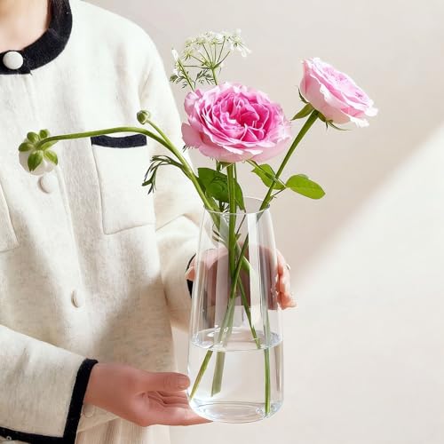 Crystal Clear Glass Vase, Flower Vase for Table Centerpiece Home Decor, Modern Vases for Living Room, Wedding, Office, Coffee Table, Birthday Housewarming Gift, 8.3inch (Clear) - color: Clear