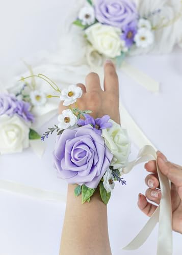 Set of 2 Wrist Corsage Wristlet for Wedding Bridesmaid Mother Grandmother for Bridal Shower Wedding Artificial Roses Flower Prom (Purple) - color: Purple