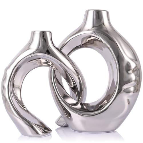 LCCCK Gold Ceramic Vases for Home Decor, Boho Vase for Flowers Pampas Grass Decorative, Hollow Donut Small Vase for Living Room Table Wedding Centerpiece Modern Vases (Silver) - color: Silver