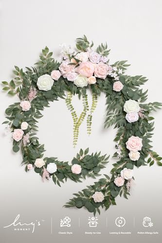 Ling's Moment 9FT Flower Garland for Backdrop Decorations - Wedding Arch Flowers, Eucalyptus & Rose, Artificial Floral Garland for Mantle - Sweetheart Table Decor for Ceremony Reception, French Pink - color: Pk-blush & Cream