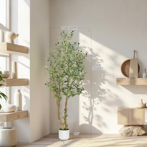 HZXGCP Olive Tree 5ft, Artificial Olive Tree with White Pot, Fake Tree with 1152 Dense Leaves & 64 High-Simulated Olive Fruits - Easy Assembly, Low Maintenance (Olive Tree 5ft) - color: Olive Tree 5ft