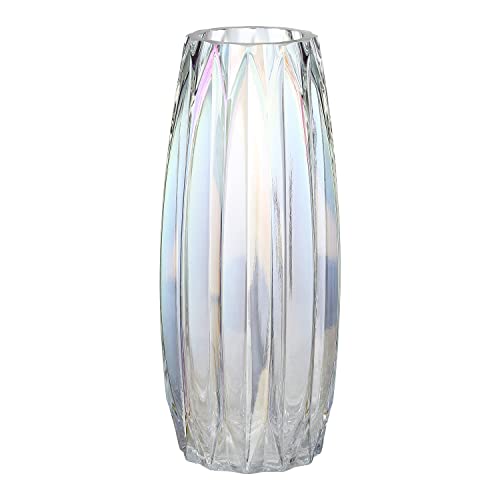 Glass Vase - Modern Ribbed Glass Vase for Flowers, Candles, and Decorative Accents -Black Grey, Amber, Clear and Colored Tall/Short Glass Vase for Centerpieces Home Table Decor (Colored, H-11.8inch) - color: Irised, size: H-11.8inch