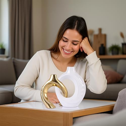 LCCCK White and Gold Ceramic Vases for Home Decor, Boho Vase for Flowers Pampas Grass Decorative, White Gold Hollow Donut Small Vase for Living Room Table Wedding Centerpiece Modern Vases - color: White and Gold