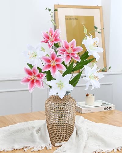 DuHouse 6 Pcs Artificial Lily Flowers, Fake Lilies Silk Flower for Table Vase DIY Wedding Bouquets Party & Home Decor(Pink) - color: Pink