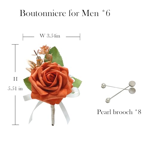 Marriwise 6pcs Rose Boutonniere for Men, Artificial Flowers Wedding Groom Groomsmen Boutonniere for Wedding/Anniversary/Prom/Rustic Wedding/Homecoming (Burnt Orange 1) - color: Burnt Orange 1