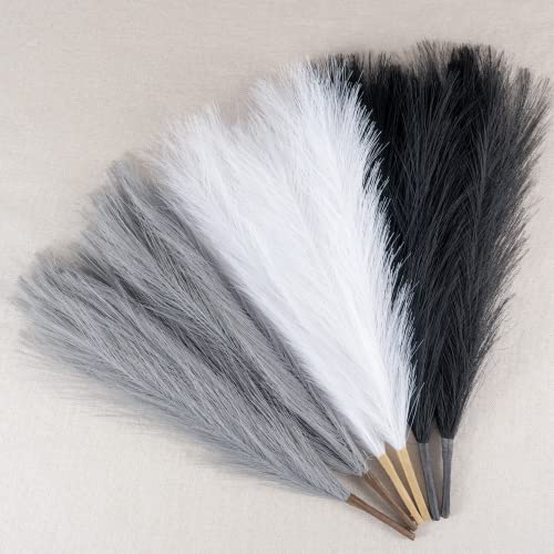 Faux Pampas Grass Decor, 18"/45cm Artificial Pampas Grass Fluffy 6 Stem pompous Flower Arrangement for Boho Home Wedding Decoration (Black,White,Grey) - color: A Black & White & Grey