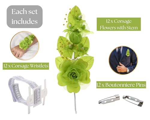 Set of 12 Artificial Silk Organza Craft Rose Flower, 12 Corsage Wristlet, 12 Pin Back DIY Boutonnieres for Wedding, Bridesmaids, Groomsmen, Quinceanera, Prom, Sweet 16 (Apple Green) - color: Apple Green