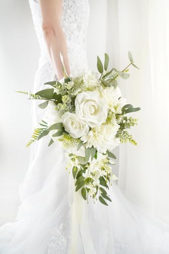 Bridal Bouquet Cascading, White & Green Wedding Bouquets for Bride Bridesmaid 10" Artificial Flowers Bouquet for Wedding Decor - color: White & Green