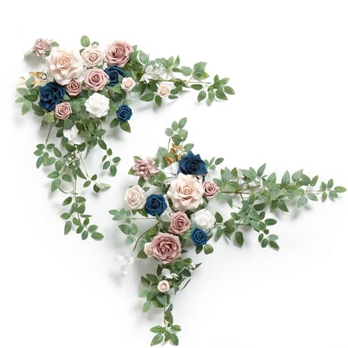 Ling's moment 2PCS Navy Blue Artificial Flower Garland Wedding Arch Flowers Floral Swags Table Centerpieces Dusty Rose Arrangements for Sweetheart Table Easel Wall Entryway Board Backdrop Decor - color: Pk-dusty Rose & Navy