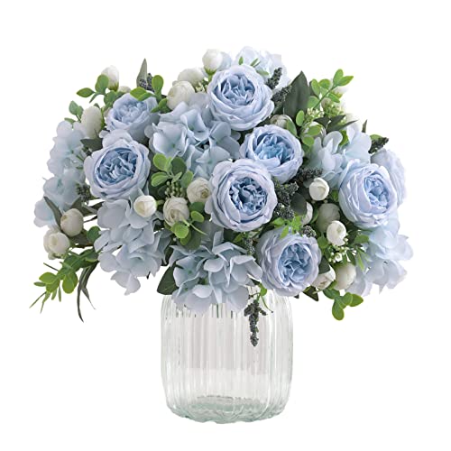 4 Bunches Artificial Flowers for Decoration Blue Peonies Fake Roses Arrangements Table Centerpiece Faux Flores for Wedding Home Vase Decor - color: Blue & White