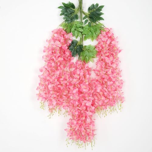 WEISPARK Fake Hanging Flowers - 12 Pieces 3.75 Feet/Piece Artificial Wisteria Vine Ratta Hanging Garland Silk Flowers for Home Party Wedding Decor (Pink) - color: Pink