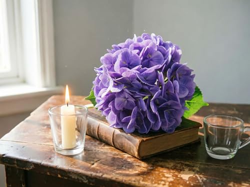 4 Pcs Faux Hydrangeas Real Touch Hydrangea Artificial Flowers Latex Large Fake Flower Long Stems for Wedding Home Party Table Centerpieces Decor (Purple) - color: Purple