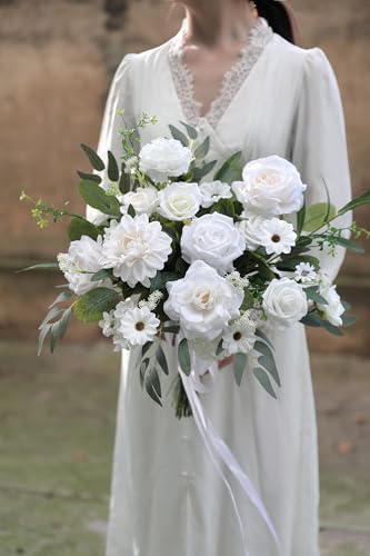 Artificial Flowers Roses Fake Flowers with Stems White Dahlia Artificial Flowers for DIY Bridal Bouquets Faux Flowers Centerpieces for Table Home Decor (White) - color: White